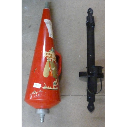 303 - A Mini Max Type A 1970s water fire extinguisher and an earlier bracket for a fire extinguisher