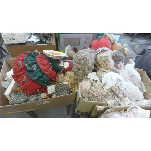 340 - Five boxes of vintage and later dolls, porcelain etc.