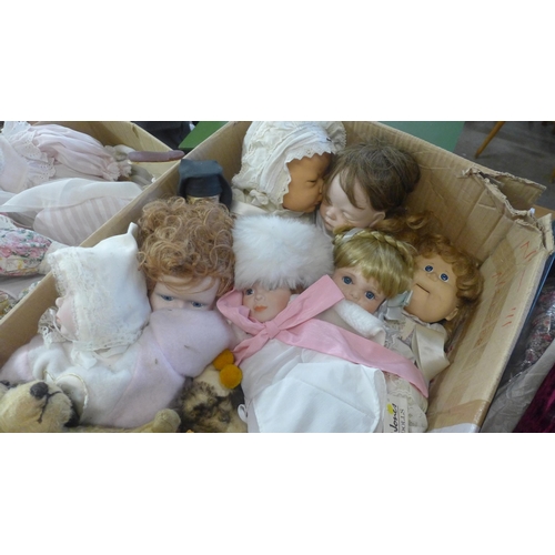 340 - Five boxes of vintage and later dolls, porcelain etc.