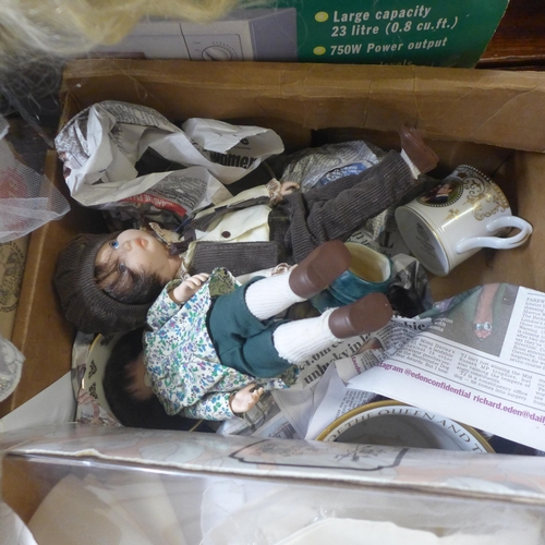 341 - Four boxes of vintage and later dolls, porcelain etc.