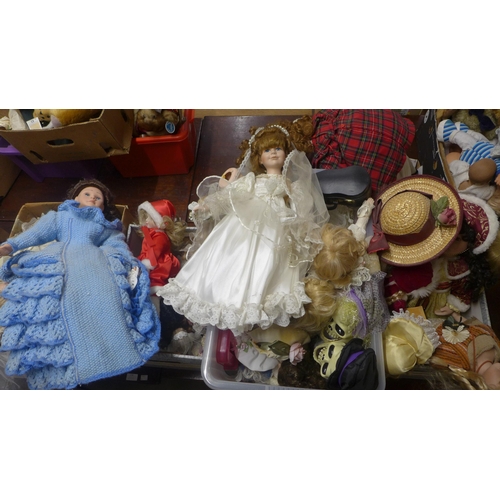 342 - Four boxes of vintage and later dolls, porcelain etc.