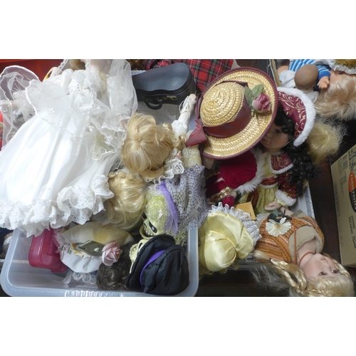 342 - Four boxes of vintage and later dolls, porcelain etc.