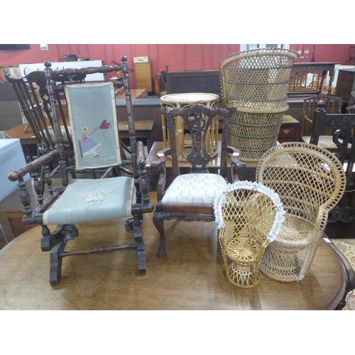 358 - A miniature mahogany Chippendale style chain, child's rocking chair and two miniature peacock chairs