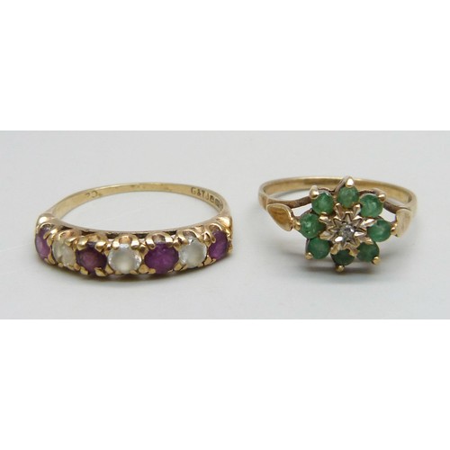 1118 - A 9ct gold ring set with rubies and white stones, stones a/f, 1.8g, R, and a 9ct gold ring set with ... 