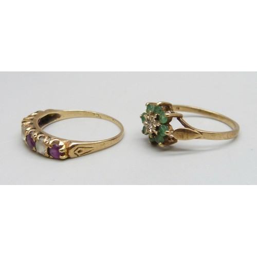 1118 - A 9ct gold ring set with rubies and white stones, stones a/f, 1.8g, R, and a 9ct gold ring set with ... 