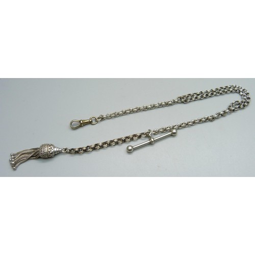 1120 - A white metal Albertina chain with T-bar and tassel, and a base metal dog clip, 13g excluding clip, ... 