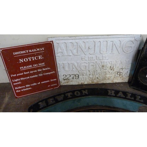 295 - A railway lamp and assorted railway plaques