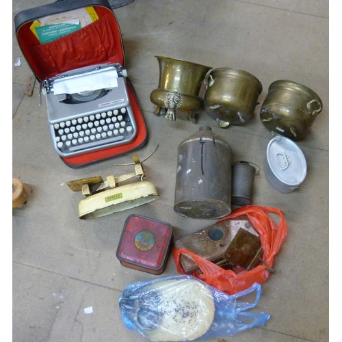 297 - An Empire-Corona typewriter, sets of scales and other metal ware