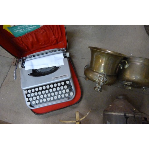 297 - An Empire-Corona typewriter, sets of scales and other metal ware