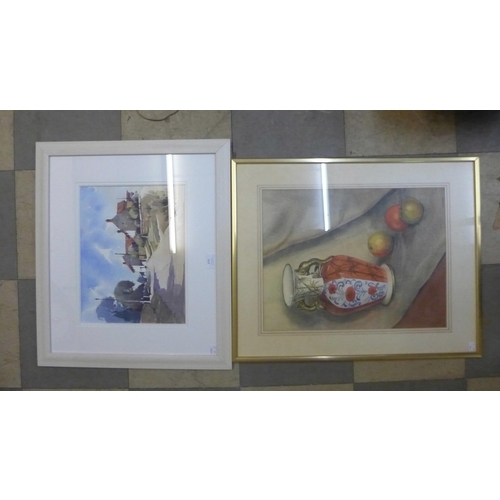 265 - W.B. Wright, still life of fruit and vase, watercolour and P.H. Richardson, landscape, watercolour, ... 