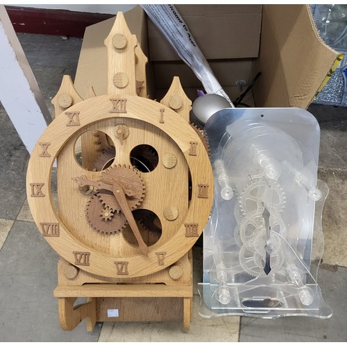 337A - A wooden skeleton wall clock, a Perspex skeleton wall clock and a wall projecting clock