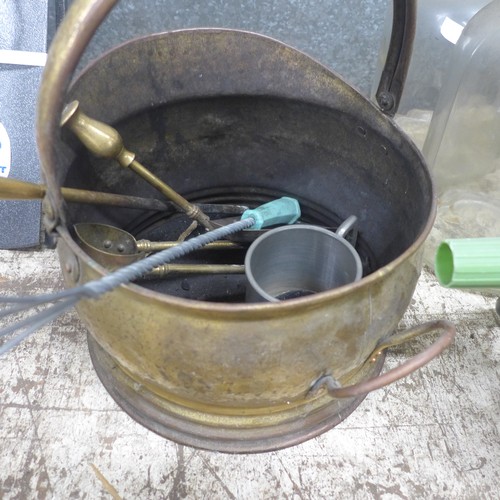 2225 - Three items of assorted metal ware - galvanised mop bucket, flower pot,  coal bucket and potting kit