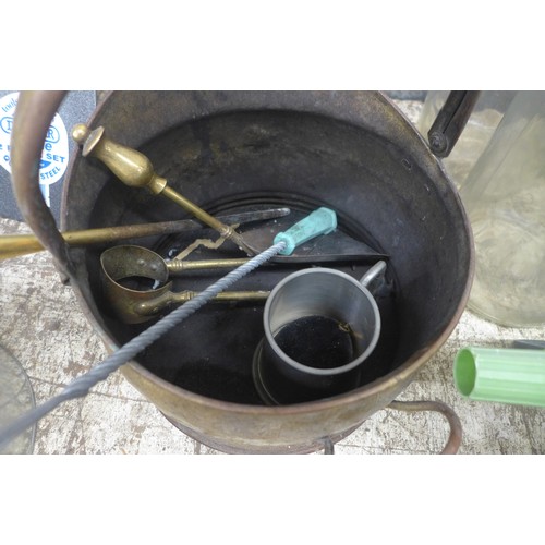 2225 - Three items of assorted metal ware - galvanised mop bucket, flower pot,  coal bucket and potting kit