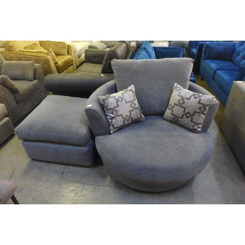 1501 - A mid grey upholstered swivel loveseat with patterned scatter cushions and foot stool