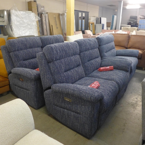 1510 - A navy flecked textured weave upholstered electric reclining pair of two seater sofas and loveseat