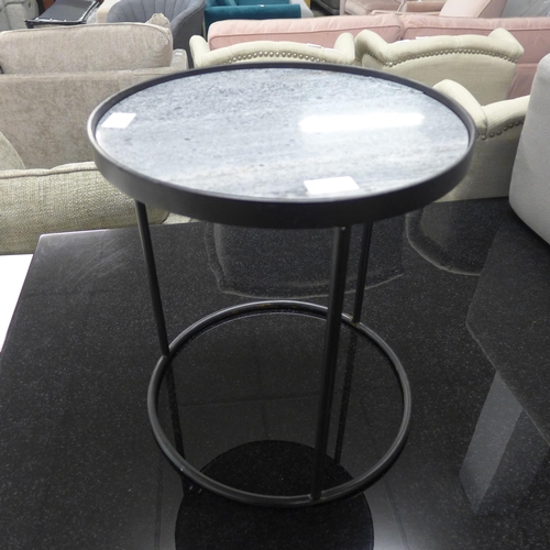 1565 - A black metal and granite circular industrial style lamp table/pot stand, damaged