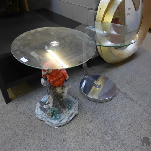 1584 - A glass topped lamp table on parrot base and a glass topped lamp table on chrome base