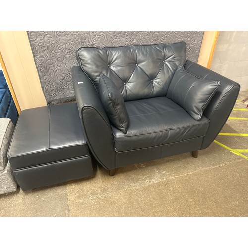 1490 - A Hoxton dark blue leather loveseat and footstool