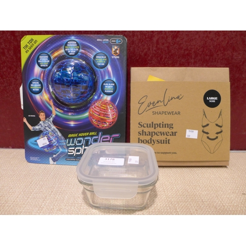 3178 - Wonder Sphere Spinner Ball, a Bodysuit and a Glass Lock Container    (309-251)   * This lot is subje... 