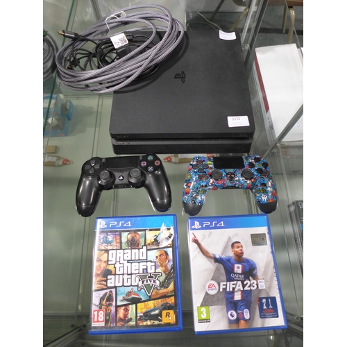 3232 - Playstation 4 Console with two controllers and two games with leads (GTA 5 and Fifa 23)