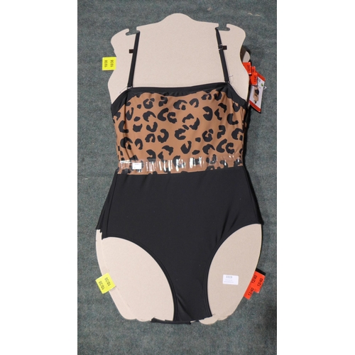 3319 - Five black and leopard print DKNY swimming costumes size 12 * this lot is subject to VAT