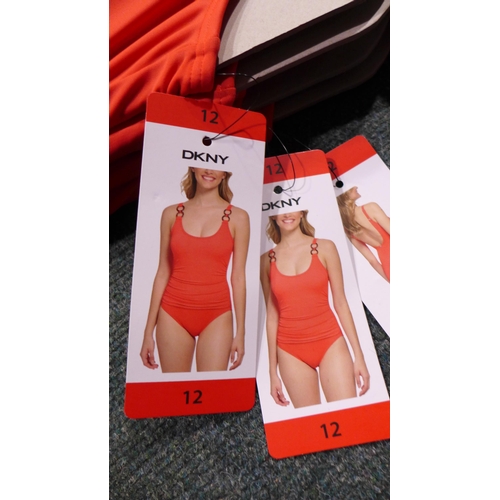 3336 - Five coral pink DKNY swimming costumes - size 12 * this lot is subject to VAT