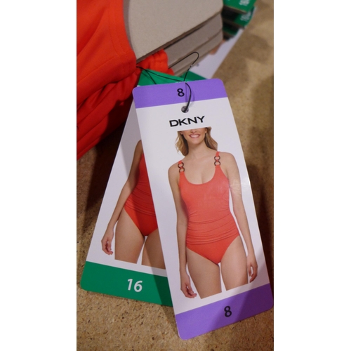 3344 - Four Coral Pink DKNY swimming costumes - mixed size (3 x 16 & 1 x 8) * this lot is subject to VAT