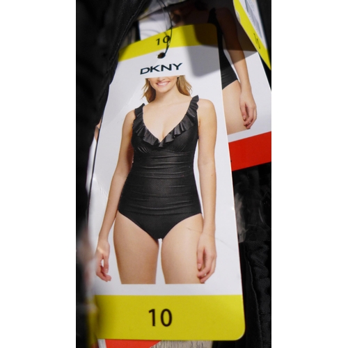 3350 - Five black DKNY swimming costumes - mixed size (3 x 10 & 2 x 12) * this lot is subject to VAT