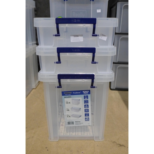 3506 - Three plastic storage containers - mixed size