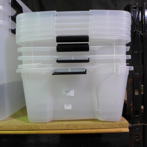 3521 - Five plastic storage boxes with lids - damaged