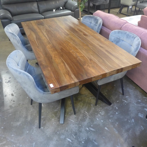 1417 - A Hoxton 'X' base dining table and four Kos grey velvet dining chairs * this lot is subject to VAT