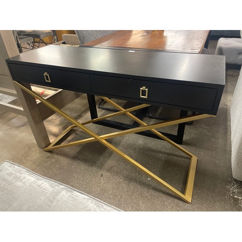 1487 - A black two drawer console table with gold legs