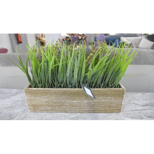 1415 - A faux lavender and onion grass in a rustic wooden box  - W 30cms  (65880005)