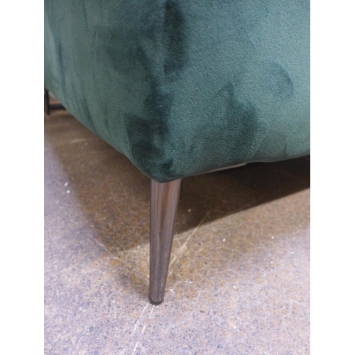 1439 - A deep green velvet upholstered love seat on chrome stiletto legs