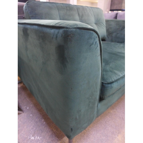 1439 - A deep green velvet upholstered love seat on chrome stiletto legs