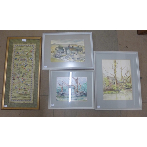 230 - A Chinese silk embroidery and three watercolours