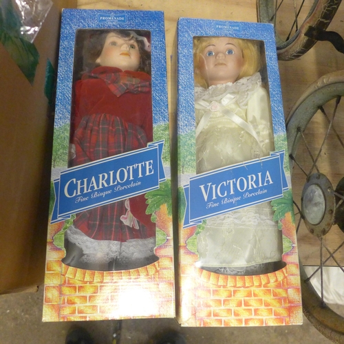 2275 - A box of dolls and soft toys, boxed & bagged with two vintage prams