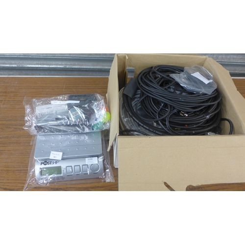 2290 - A reel of Cat 5 network cable, Postship digital scales, heat sealer and a small amount of stationery