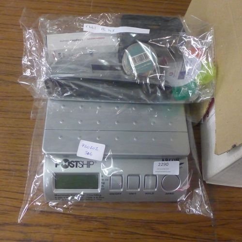 2290 - A reel of Cat 5 network cable, Postship digital scales, heat sealer and a small amount of stationery