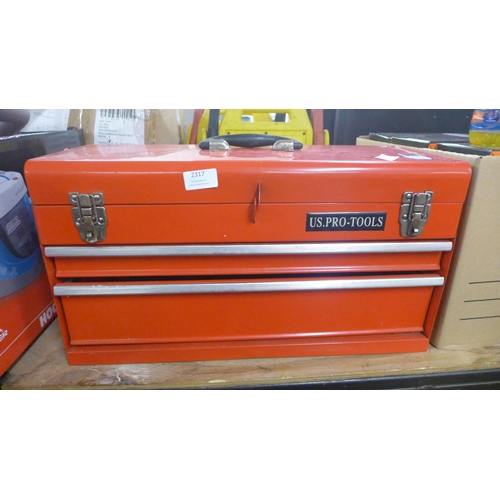 2317 - A red metal tool box with three drawers of tools, including: wrenches, screwdrivers, spanners, ect.