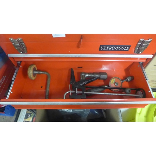 2317 - A red metal tool box with three drawers of tools, including: wrenches, screwdrivers, spanners, ect.