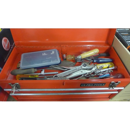 2317 - A red metal tool box with three drawers of tools, including: wrenches, screwdrivers, spanners, ect.