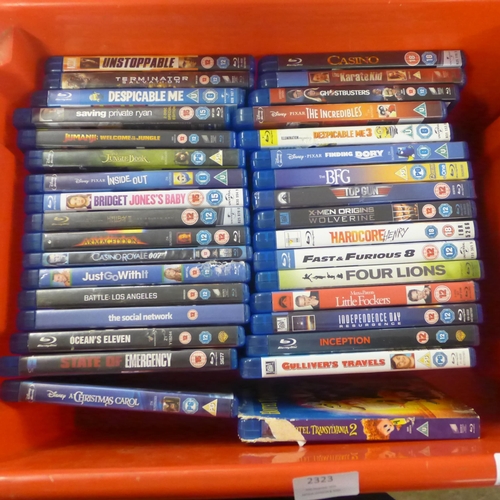 2323 - A box of approximately 30 Blu-Ray DVDs including Inside Out, Jumanji, Inception, X-Men, Top Gun, Jun... 