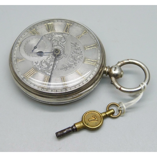 1001 - A silver cased fusee pocket watch, with key, the case hallmarked London 1864