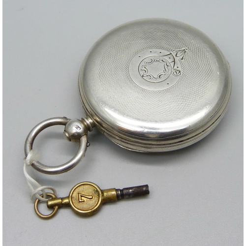 1001 - A silver cased fusee pocket watch, with key, the case hallmarked London 1864