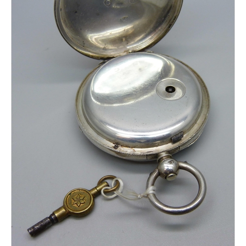 1001 - A silver cased fusee pocket watch, with key, the case hallmarked London 1864