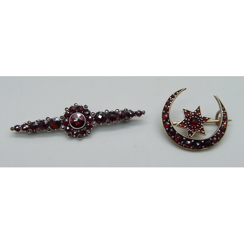 1008 - Two Edwardian garnet brooches, bar brooch marked 935 silver, width 5cm, 4.7g, rolled gold crescent s... 