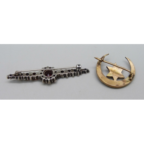 1008 - Two Edwardian garnet brooches, bar brooch marked 935 silver, width 5cm, 4.7g, rolled gold crescent s... 