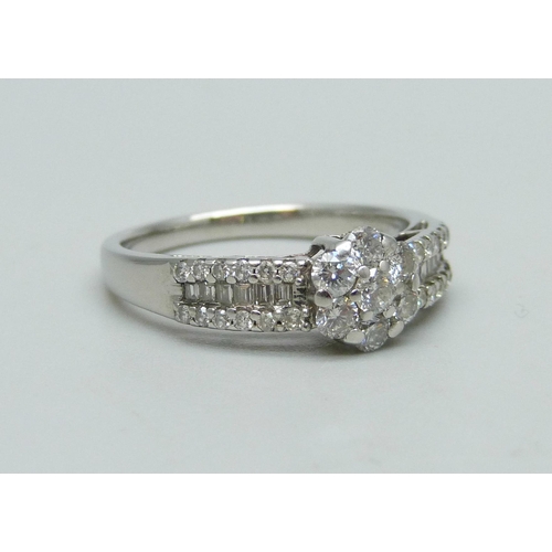 1013 - An 18ct white gold, 43 stone diamond ring, stamped Iliana, total carat weight 0.76cts, 3.7g, N