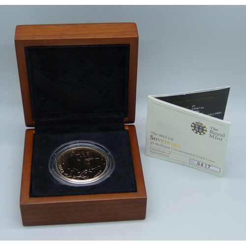 1033 - The Royal Mint, The 2012 UK £5 Brilliant Uncirculated Gold Coin, 0417